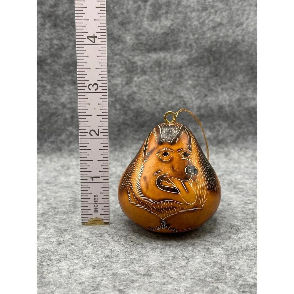 Lucuma German Shepherd Hand Carved Gourd Ornament Peru Folk Art Dog Decor